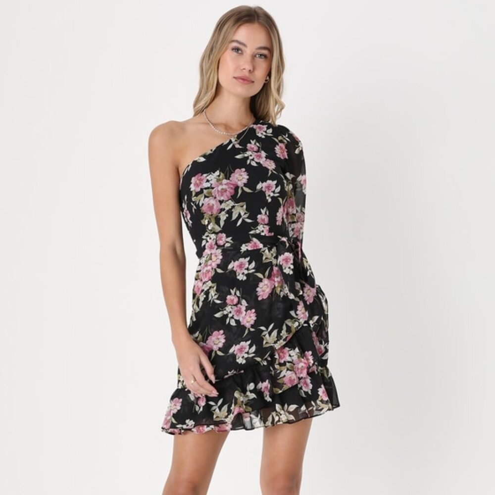 Lulus Popular Sweetie Black Floral One-shoulder Ruffled Mini Dress - Size M